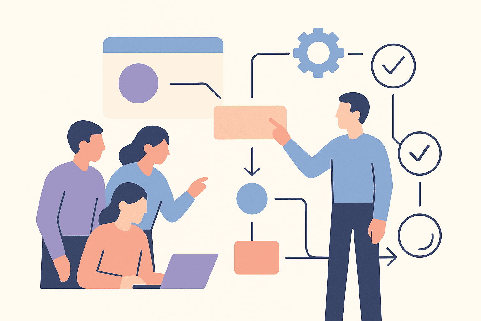 Personas analizando esquemas y uniendo datos