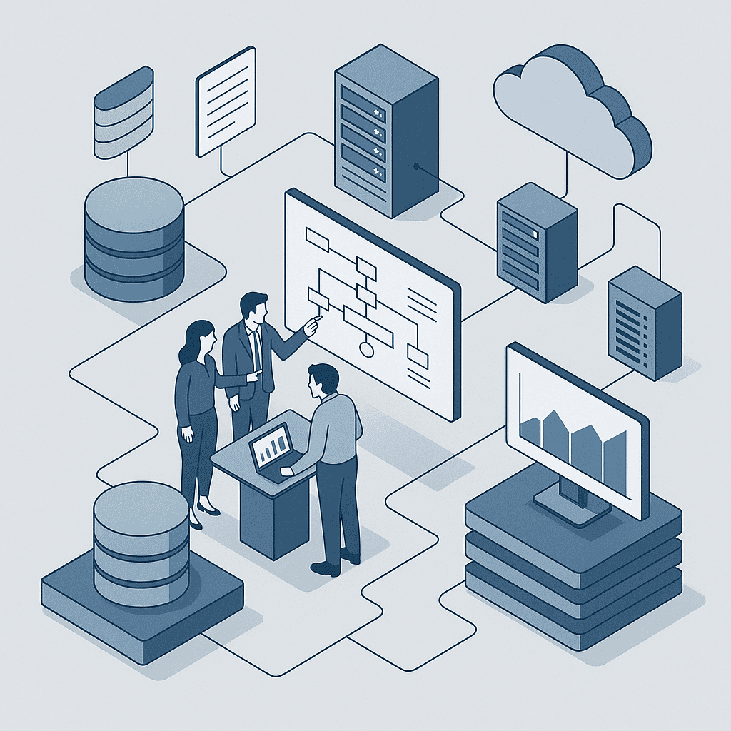 Arquitectura de datos representado por personas trabajando en un escritorio con un notebook rodeados de bloques de datos interconectados
