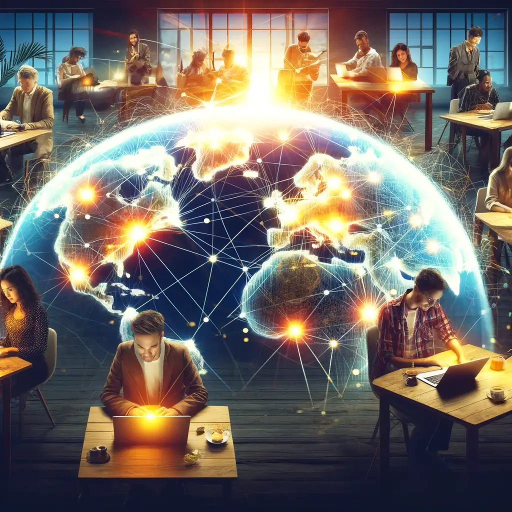 Imagen de personas alrededor del globo terraqueo con sus notebooks, representa el outsourcing y lo hizo la IA