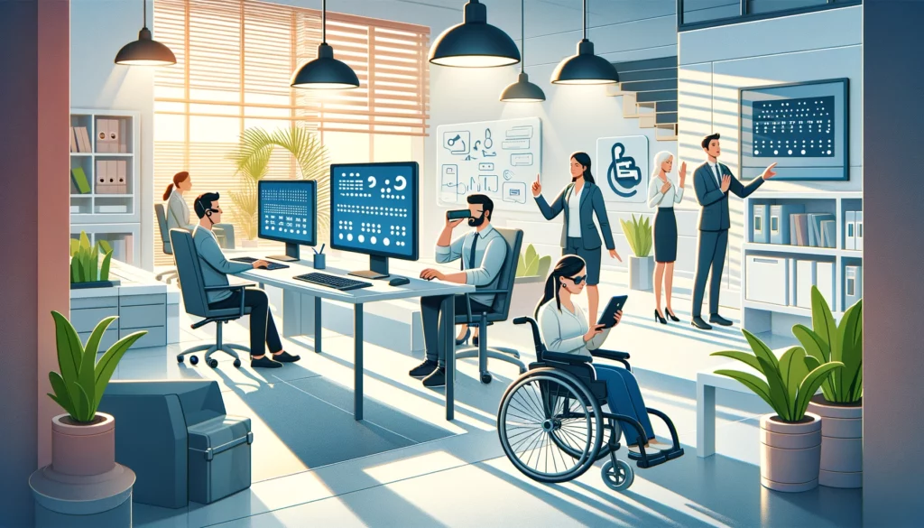 A modern office environment featuring a diverse group of people interacting with digital devices. The scene includes a person in a wheelchair using a