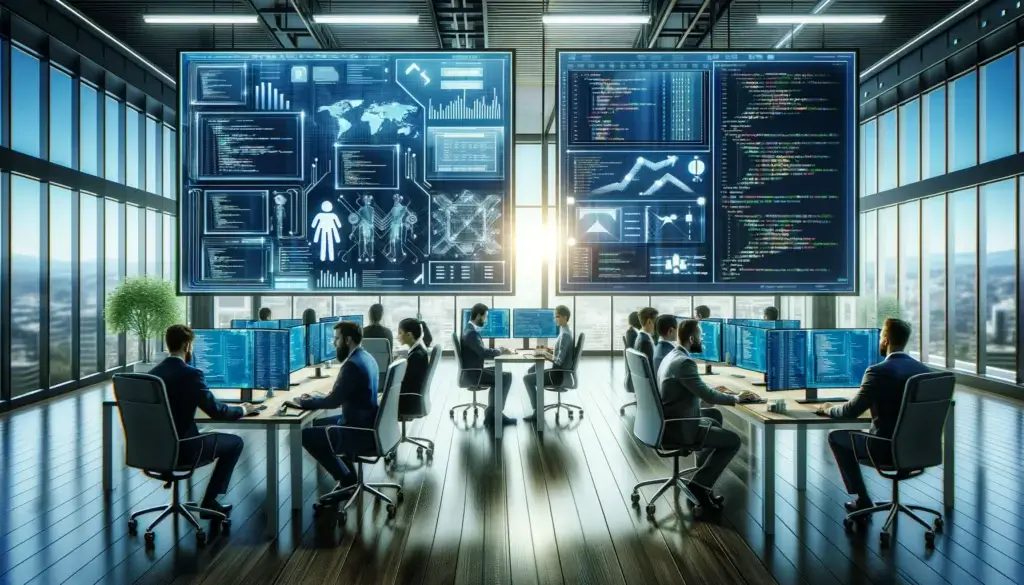 Imagen ilustrativa de gente en sus escritorios, representando el qa automation
