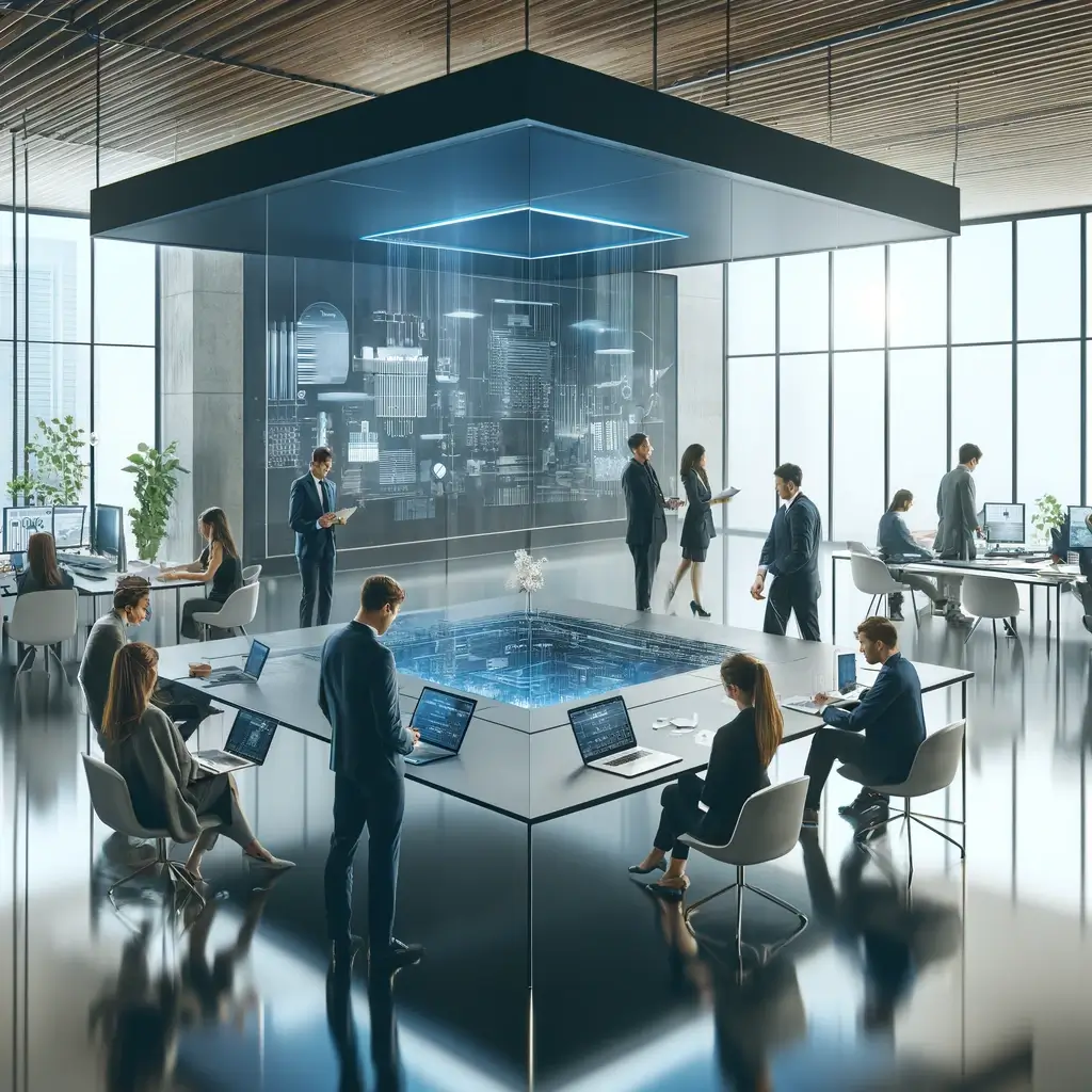 A dynamic and modern corporate office environment illustrating the concept of IT outsourcing. The image should feature a diverse group of professionals.