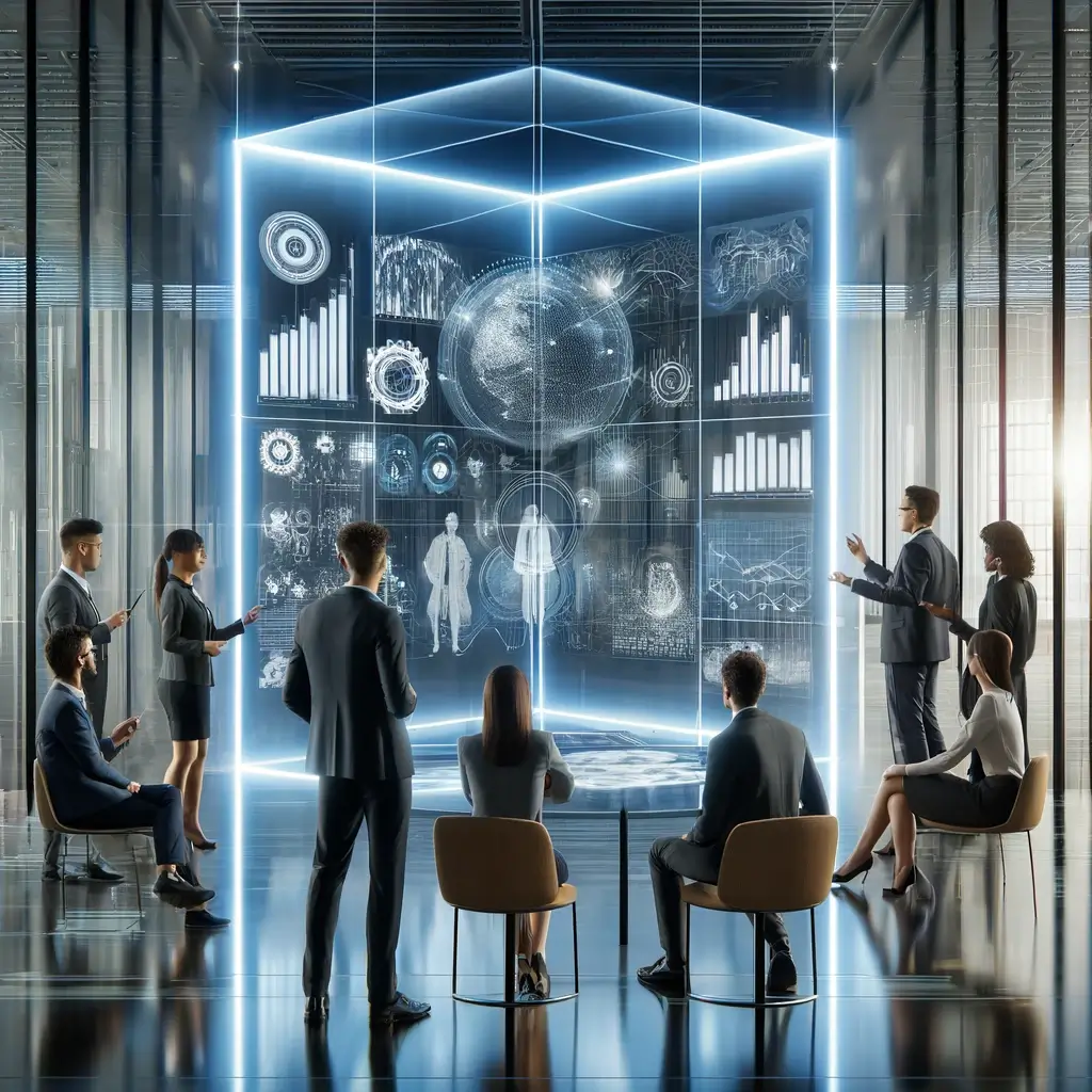 A modern and visually appealing digital illustration representing data democratization in a business environment. The scene features a diverse group.