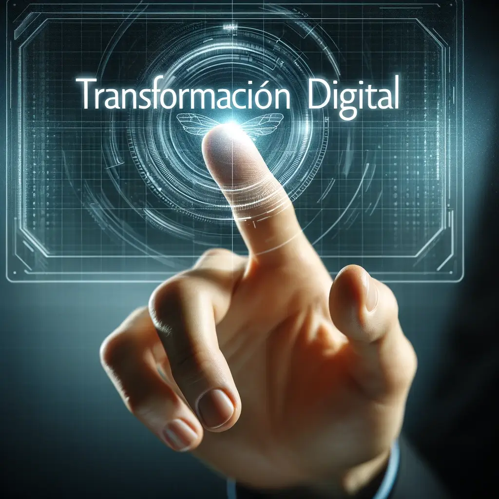 Aquí tienes la imagen de una mano haciendo clic en una pantalla digital que muestra la frase "Transformación Digital".