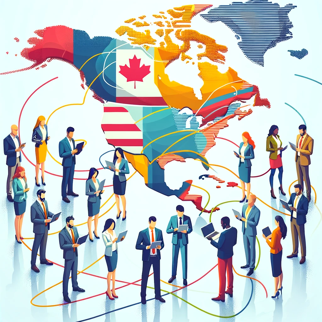 Aquí está la ilustración creativa que muestra a un grupo de profesionales de negocios diversos de EE.UU., Canadá y países latinoamericanos alrededor de un mapa estilizado de América del Norte, conectados por líneas coloridas que simbolizan la comunicación y la cooperación