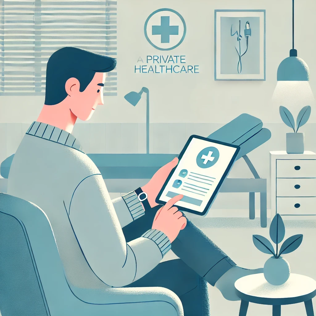 Un dibujo de una persona en una habitación privada de salud, sentada cómodamente mientras mira su smartphone o iPad, revisando su información médica en el dispositivo.