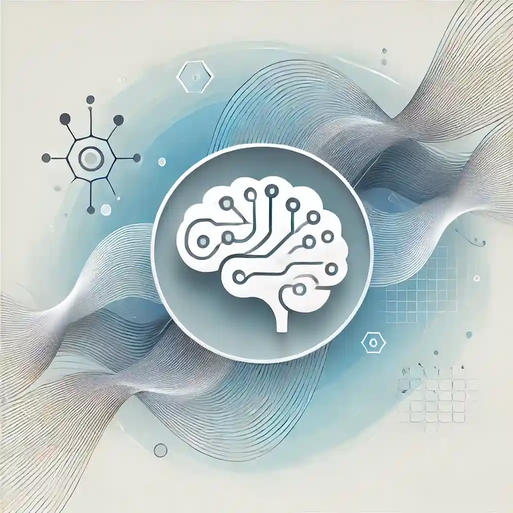 A modern minimalistic illustration symbolizing Generative AI GenAI. The image features a clean brain symbol in the center connected to abstract.