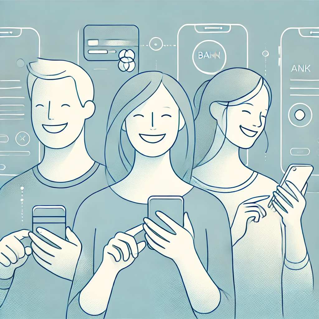 Imagen minimalista de personas felices utilizando su app bancaria en dispositivos móviles, con siluetas suaves de individuos sonriendo mientras usan smartphones. Líneas abstractas representan la facilidad de uso y la tecnología moderna, destacando una atmósfera amigable y accesible. La paleta de colores es ligera y acogedora, con tonos azules y amarillos que enfatizan la satisfacción y la comodidad al usar la banca digital.