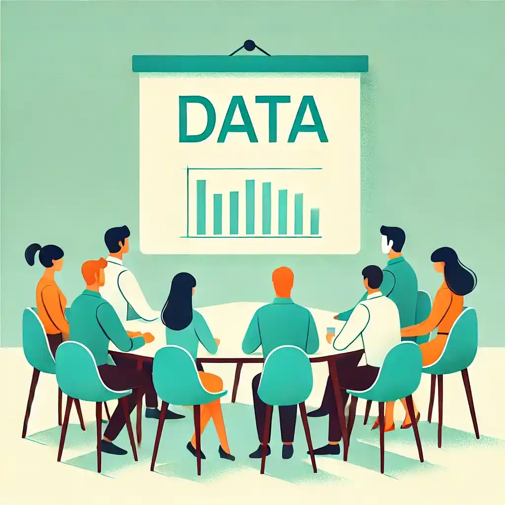 Personas en una reunión mirando una pizarra que dice "Data", con tonos verdes turquesa y diseño minimalista.