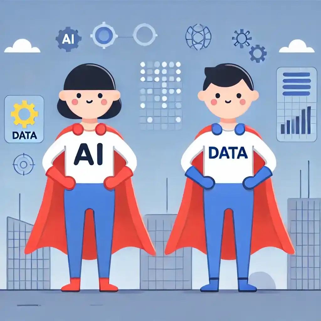 Dos superheroes con capa, uno tiene en el pecho el IA y el otro la palabra DATA