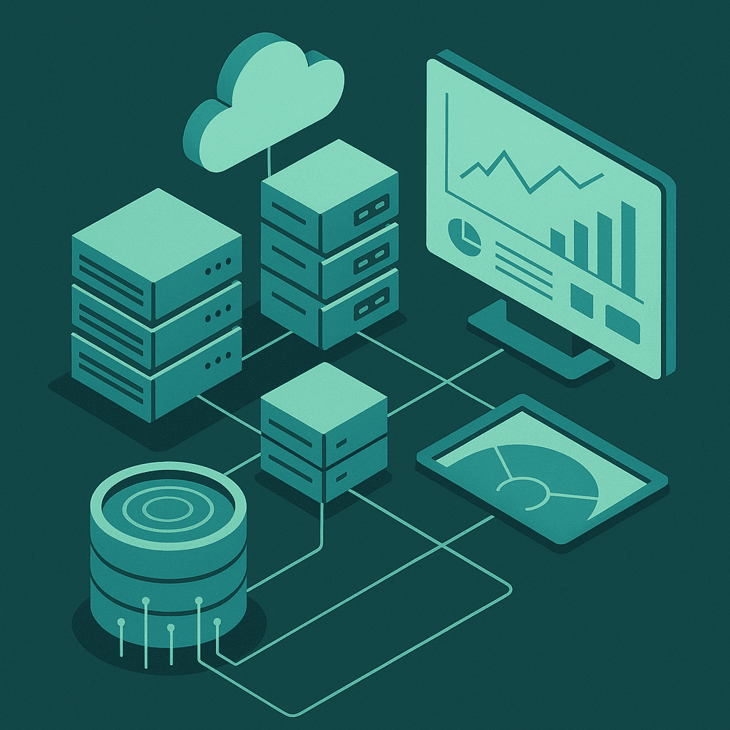 Imagen que representa la arquitectura de datos a través de una nube, discos duros y una pantalla de PC interconectados