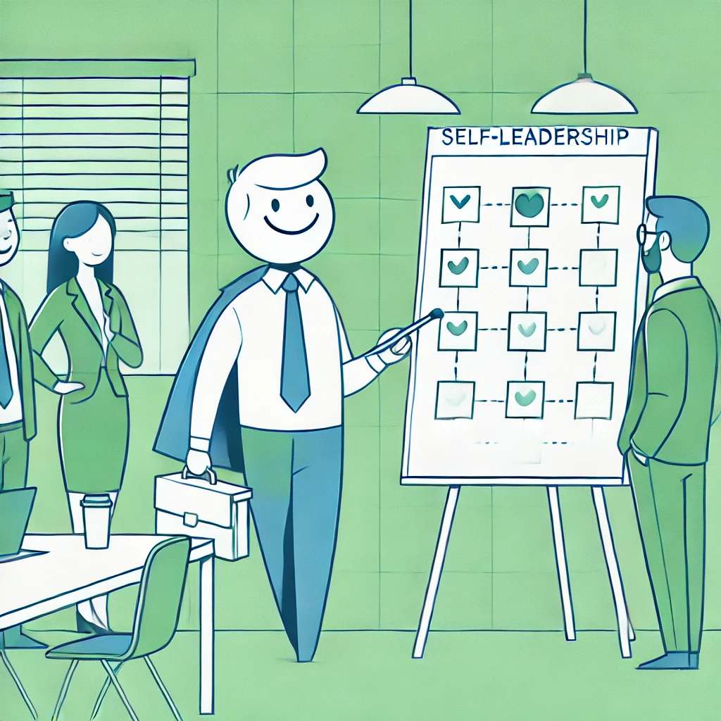 A minimalist illustration of self-leadership in an office setting, using green and blue tones. The image features a simple, smiling character confiden.webp