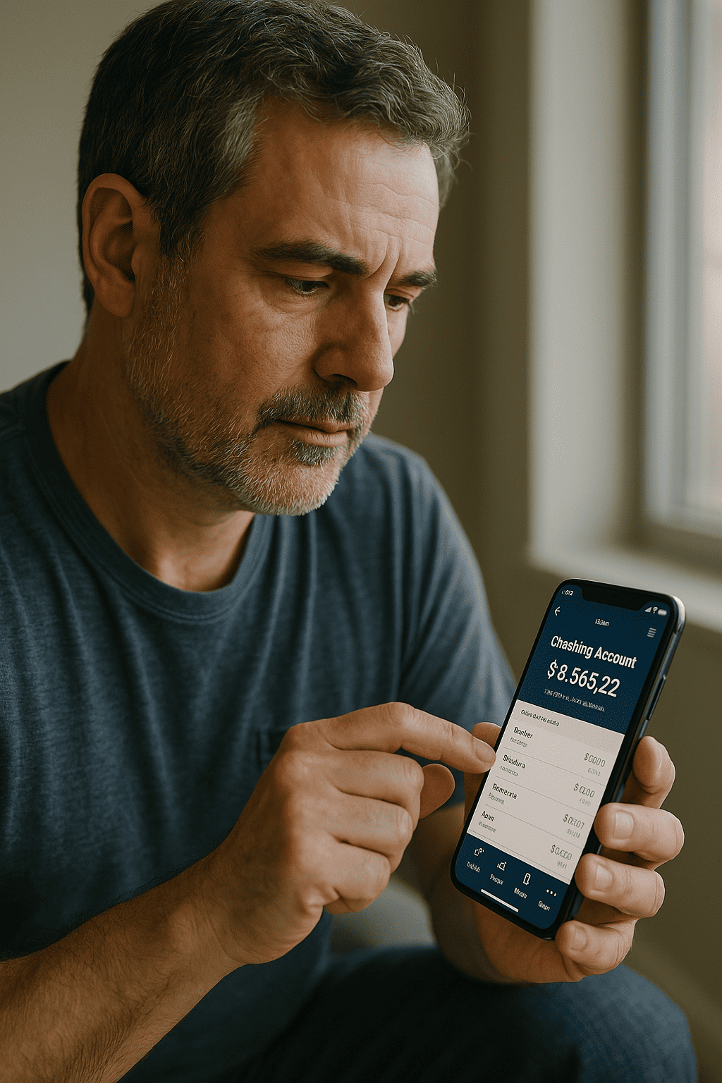 Hombre mirando su balance bancario en su celular