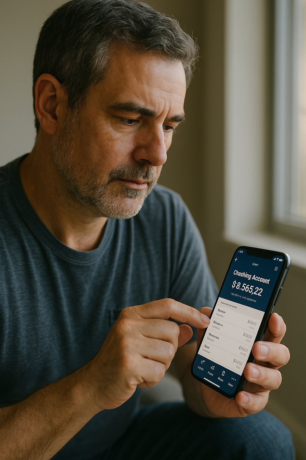 Persona de 40 años revisando su app de banco