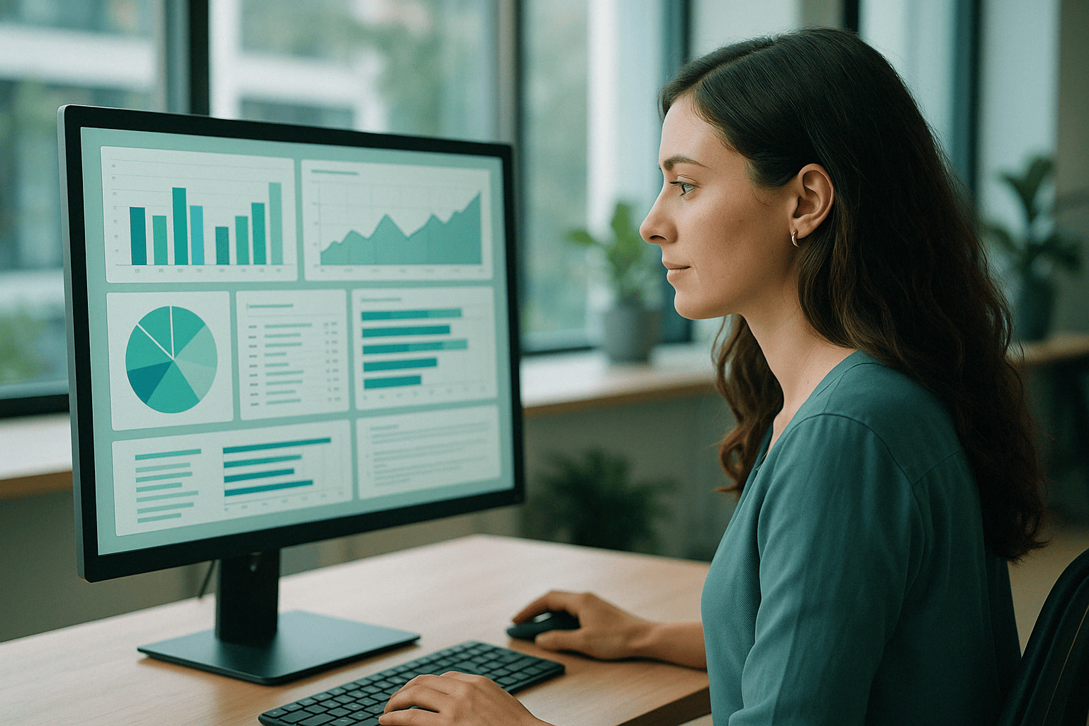 Mujer en una oficina mirando gráficos en la pantalla del computador