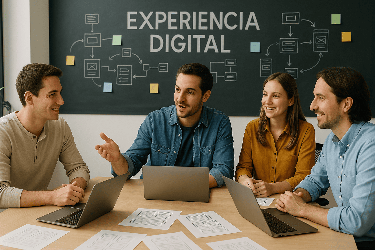 Personas en una oficina conversando sobre Experiencia Digital