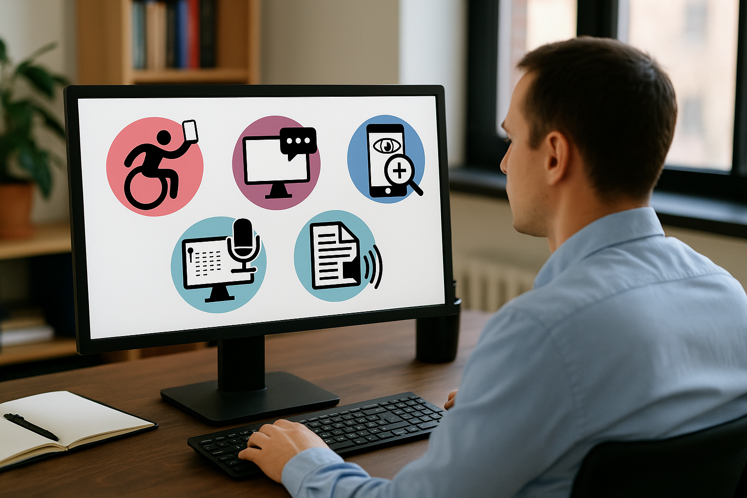 Hombre frente a una pantalla con simbolos de accesibilidad