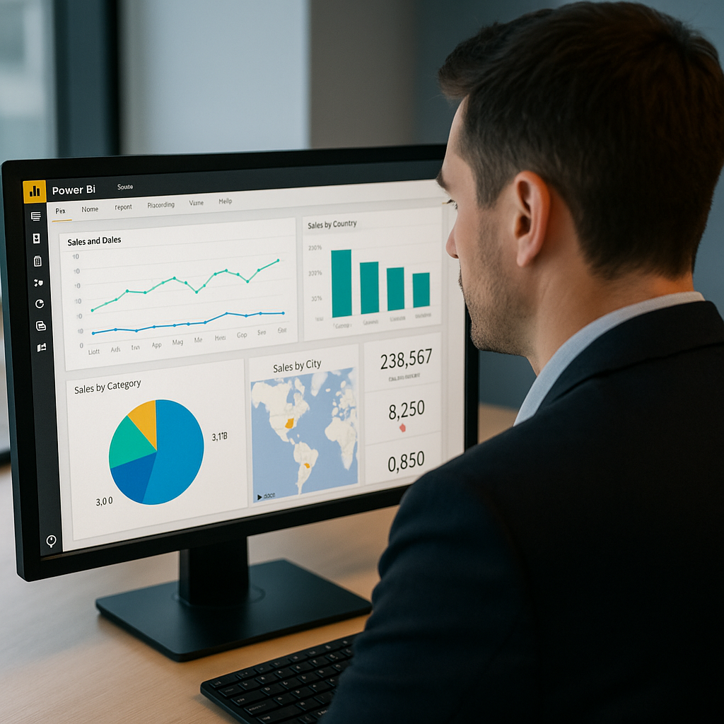 hombre viendo powerbi en pantalla
