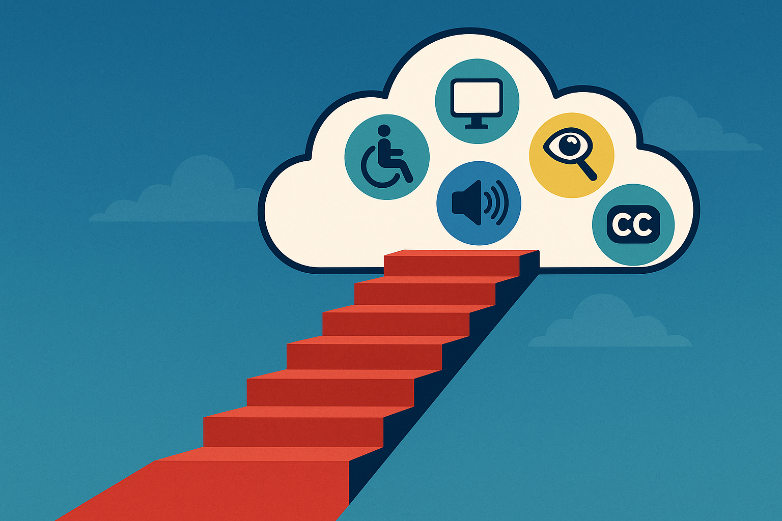 Escalera al cielo, el cielo es representado por una nube que contiene iconos de accesibilidad digital