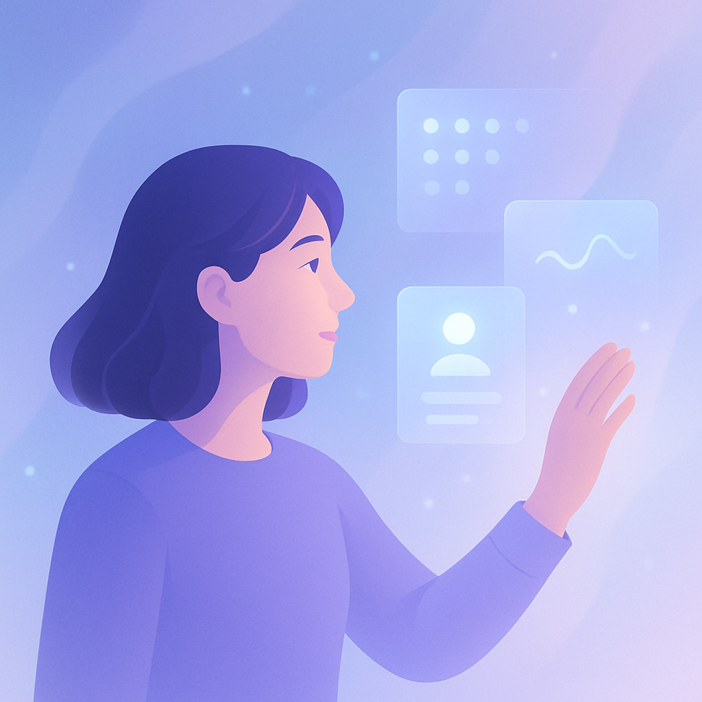 Dibujo de mujer tocando una pantalla tactil con datos