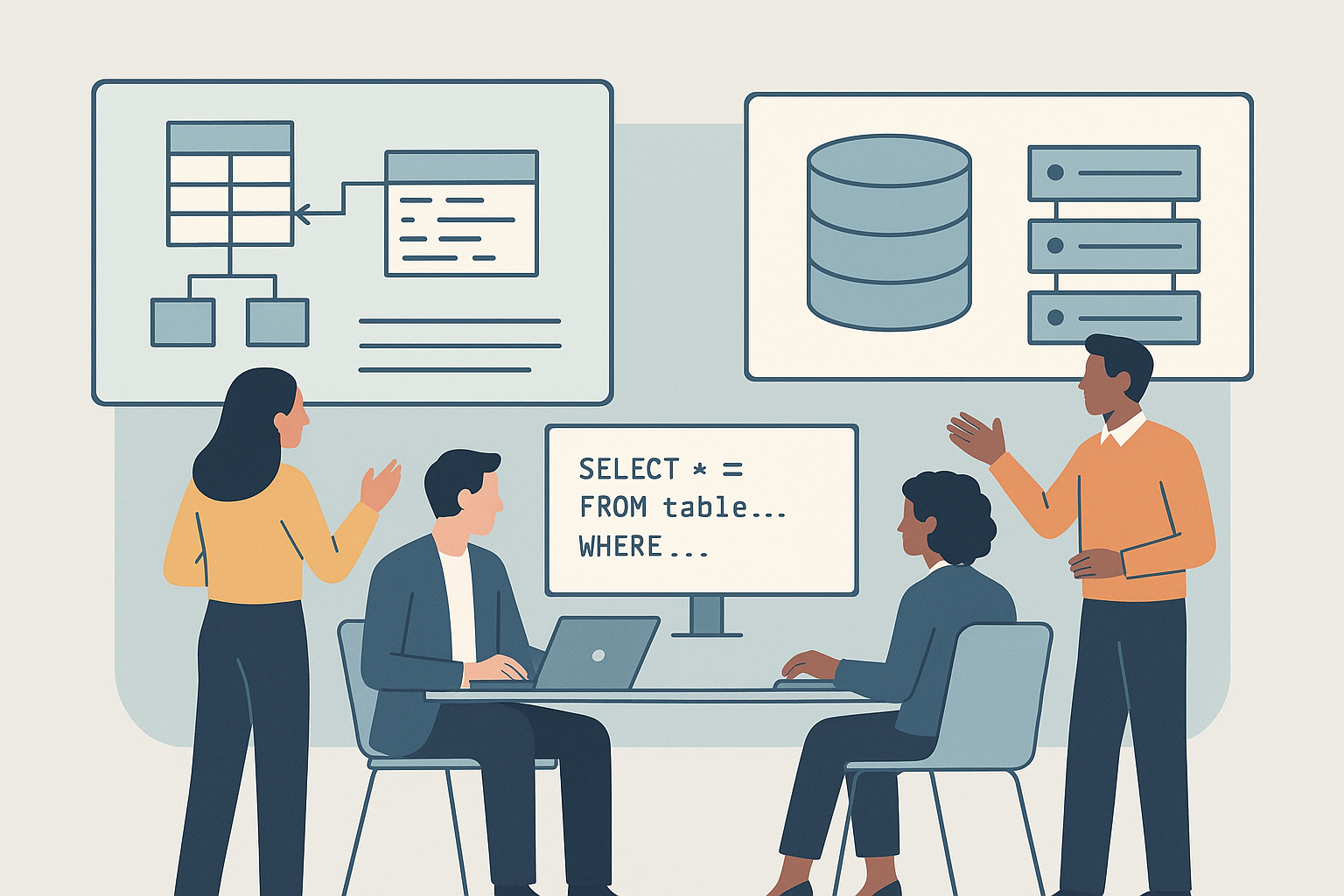 Equipo profesional analiza datos estructurados en pantallas digitales con diagramas de bases de datos y código SQL en una oficina moderna.