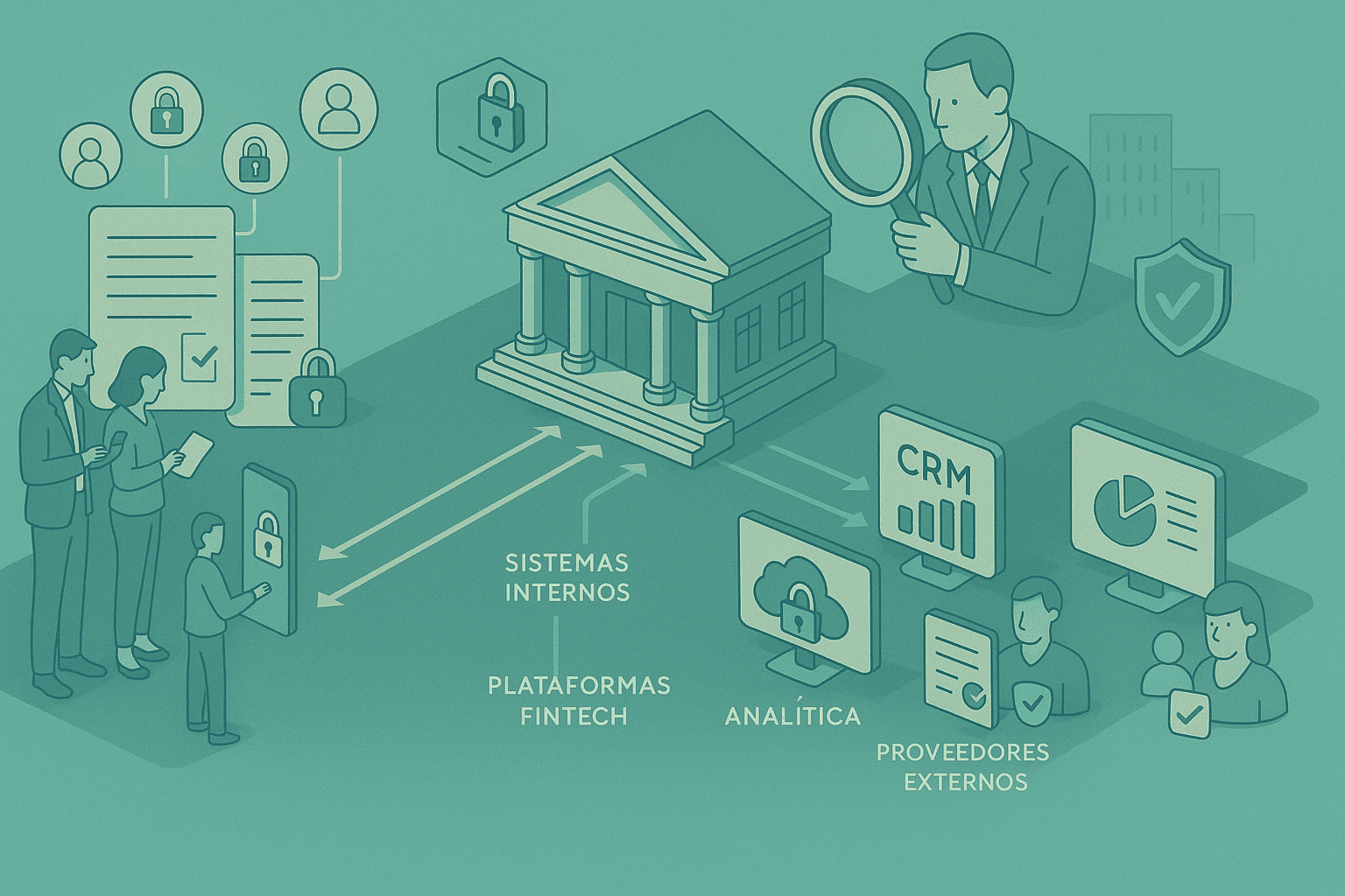 Organizaciones interconectadas a través del flujo de datos, imagen estilo vector