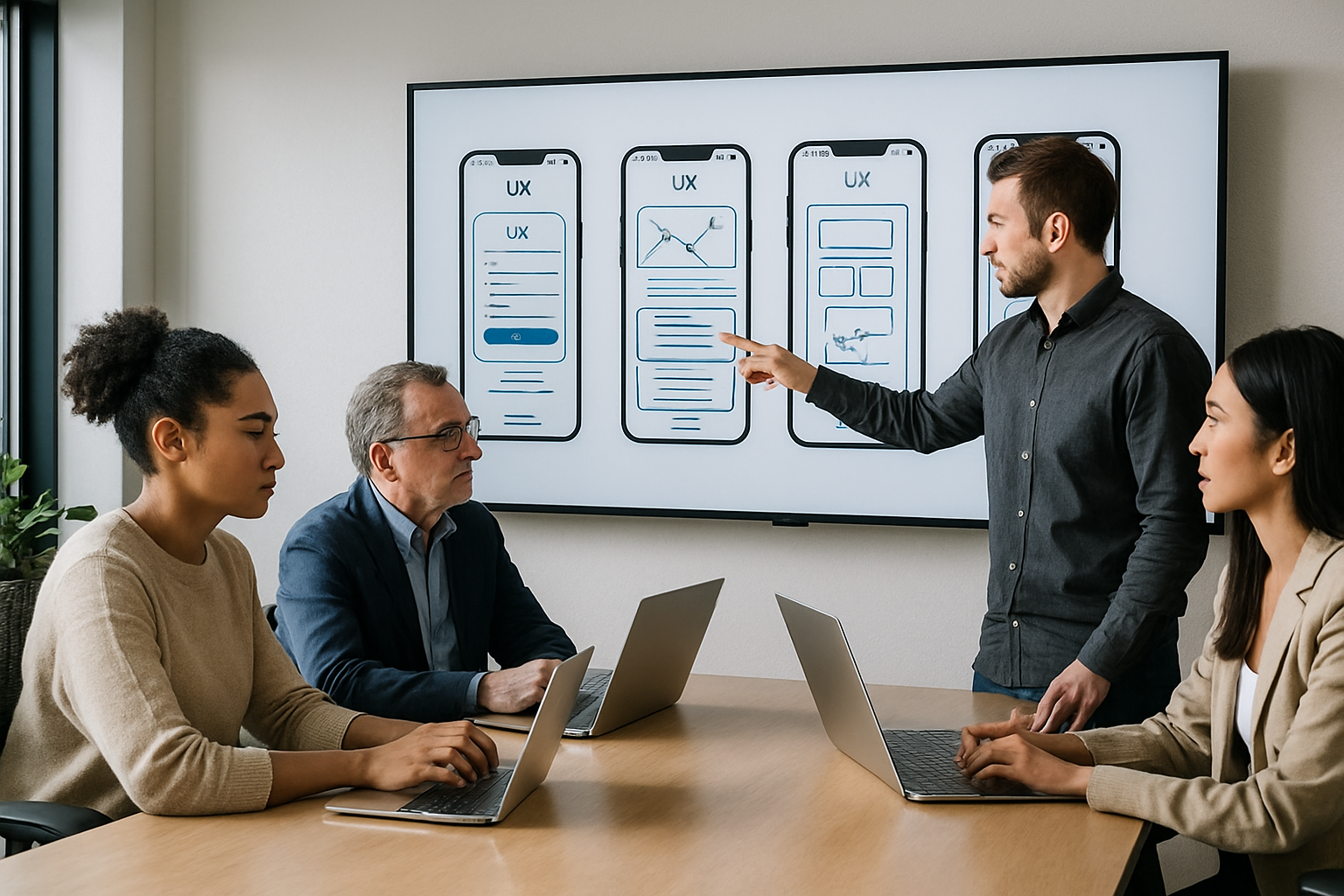 Equipo colaborando en una sala moderna frente a pantalla con flujos de UX.