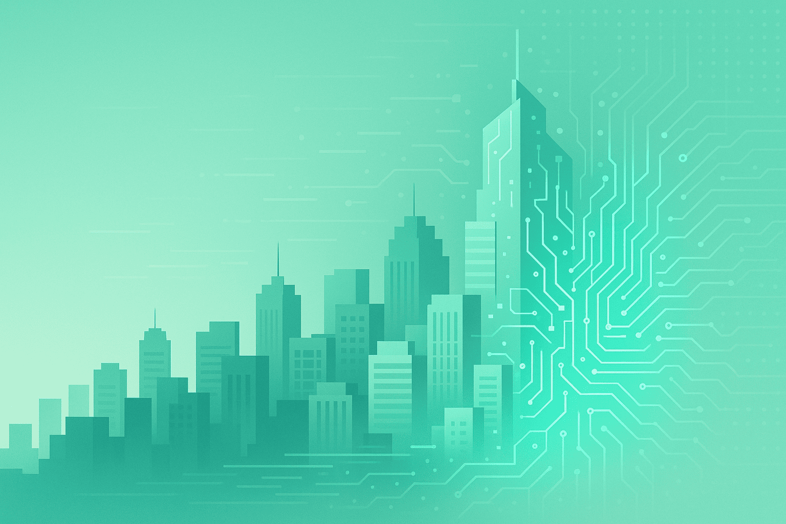 Ciudad con muchos edificios altos conectados por la tecnología