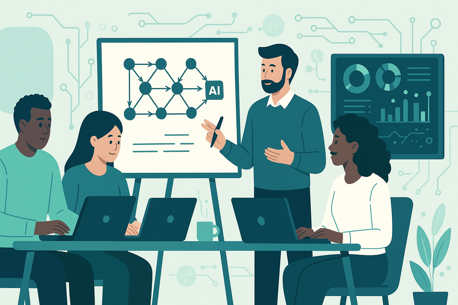 Dibujo de personas en una oficina de tecnología trabajando en conjunto.